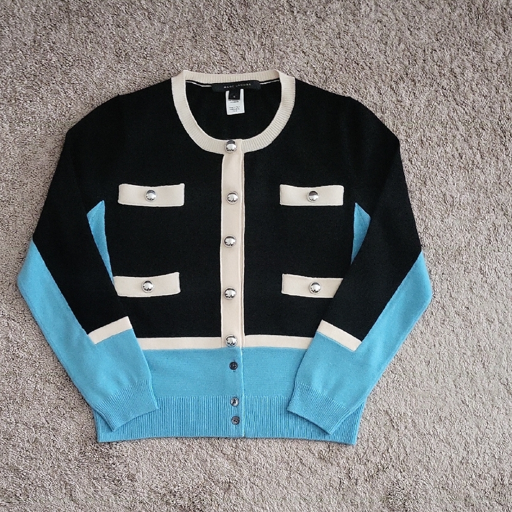 Authentic MARC JACOBS Chic Black and Blue Cardigan with Cream Accents